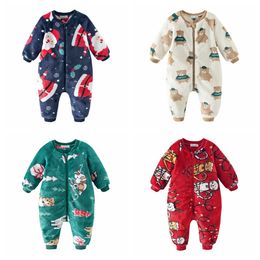 Sanlutoz Leuke printen Fleece Winter Baby Rompers Kleding Zipper lange mouw peuter jumpsuits Warm gezellige kerst Halloween 240409