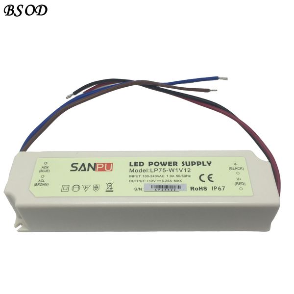 SANPU 70W alimentation LED étanche 12V/24V DC pilote IP67 blanc coque en plastique transformateur de bande LP75-W1