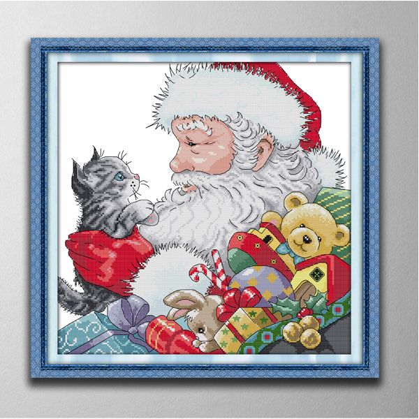 Papá Noel y gatito hecho a mano punto de cruz herramientas artesanales bordado juegos de costura impresión contada en lienzo DMC 14CT 11CT pinturas de decoración del hogar