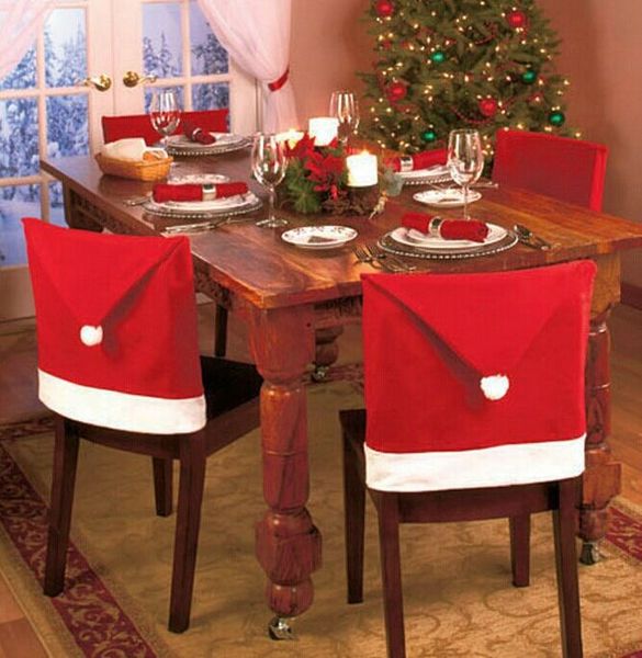 Gorro de Papá Noel, funda para silla, mesa de cena de Navidad, fiesta, sombrero rojo, fundas traseras de sillas, decoración de Navidad TO89