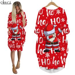 Kerstman HO Jurk 3D Gedrukt Baggy Vrouwen Jurken Lange Mouw Vrouwelijke Gown Pocket Jurken voor Feest en Kerst W220616