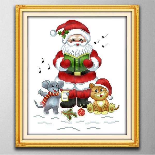 Papá Noel con pinturas decorativas para el hogar del gato y el ratón, herramientas artesanales de punto de cruz hechas a mano bordado conjuntos de costura impresión contada en lienzo DMC 14CT / 11CT