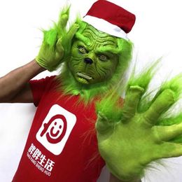 Santa Grinch Cosplay Máscara Navidad Máscaras de látex Guantes Prop Halloween X0803281A