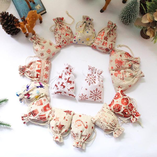 Santa Sachet 10pcs / lot Usine Vente Directe Cadeau De Noël Organisateur Pochettes Or Impression Coton Naturel Sac Cadeau Peut jllwDU