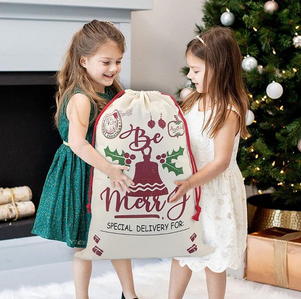 Sacos de Papá Noel Decoraciones navideñas Bolsas de regalo de lona con cordón Almacenamiento de dulces de Navidad Bolsa grande Bolsillo con cordón para niños Presente 50x70cm Venta al por mayor EE