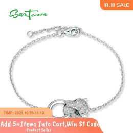 Santuzza 100% 925 Sterling Sier Bracelet Pour Femme Léopard Panthère Vert Noir Spinelle Blanc Zircone Réglable Fine Jewelry282S