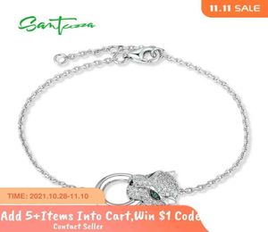 Santuzza 100 925 Sterling Sier -armband voor vrouwen Luipaard Panther Groen Black Spinel Wit Zirkonia Verstelbare fijne sieraden6866925