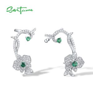 Santuzza 925 Sterling Silver Cuff oorbellen voor vrouwen sprankelende witte CZ Green Spinel Flower Edgy Modern Fine Jewelry 240311