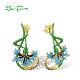 Santuzza 925 Boucles d'oreilles pendantes en argent sterling pour les femmes en pierre bleue Green Flower Email Elegant Weeding Fine bijoux 240311