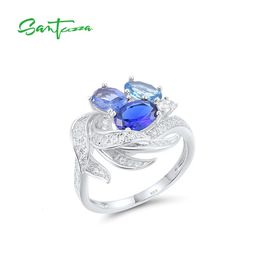 Santuzza echte 925 sterling zilveren ringen voor vrouwen sprankelende blauwe spinel witte kubieke zirkoonclusterring trendy chic sieraden 240521