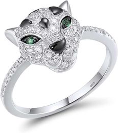 Santuzza Autres accessoires de panthère de mode en argent sterling 925 motif léopard bague carrée zircon vert cristal pointu bijoux Jaguar Fz48