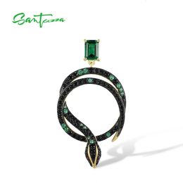 SANTUZZA Echte 925 Sterling Zilveren Hanger Voor Vrouwen Fonkelende Zwart Groene Spinel Leuke Slang Safari Dier Mode Fijne Sieraden 240119