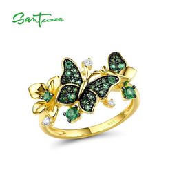 SANTUZZA bague en argent pour femmes 925 Sterling papillon or couleur brillant vert spinelle élégant à la mode fête Fine bijoux 211217