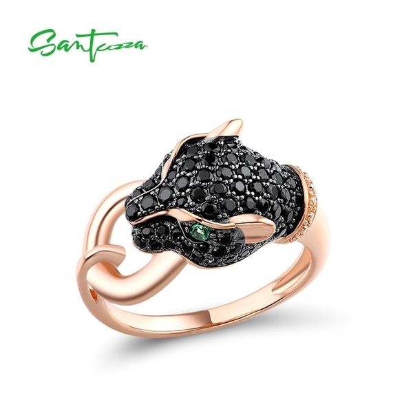 SANTUZZA Anillo de plata para mujer Pure 925 Sterling Black Green Spinel Leopard Panther Trendy Party Joyería fina 211217