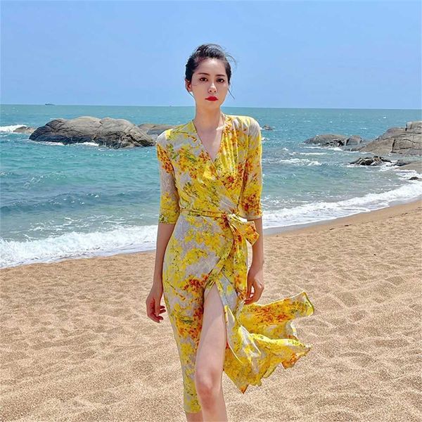 Sanya Beach Resort Wear One Piece Strap Boss Yellow War Robe Dress Falda 2023 New5msb