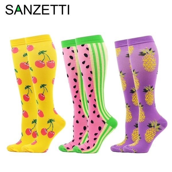 SANZETTI 3 paires vendent bien les femmes colorées support de jambe extensible coton peigné compression sous le genou anti-fatigue chaussettes heureuses 201109