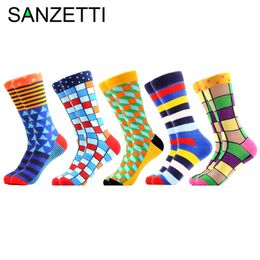 SANZETTI 5 par/lote de calcetines de invierno para hombre, coloridos, divertidos, peinados, rellenos de argyle, a rayas ópticas, informales