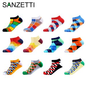 SANZETTI 6-12 paires/lot hommes cheville décontracté nouveauté coloré été heureux peigné courte robe à carreaux bateau chaussettes