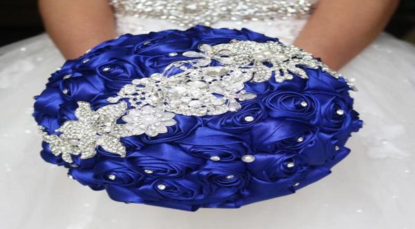 Sapphire Blue Bridal Bouquet Silk mariée Bouquet Bouquet Bridesmaid Blue Blue Fabric Rose Rose Personnalisable Bouquet en diamant990633283003