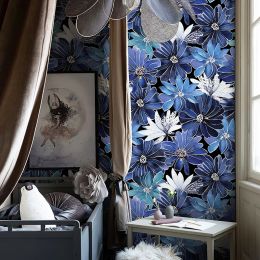 Fond d'écran floral bleu saphir rétro couloir euclidéen et bâton PVC Paper peint salon cuisine fleur armoire en vinyle autocollants