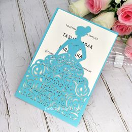 Sapphire Blue Laser Cut Princess Invitations for Wedding Elegant Shimmy Pocket Invitation for Quinceanera 16TH Birthday Free Printing