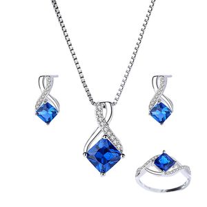 Sapphire high-end sieraden set, kettingen, oorbellen, ringen, sterling zilveren oneindige hangende kettingen, ringen, oorbellen voor vrouwen