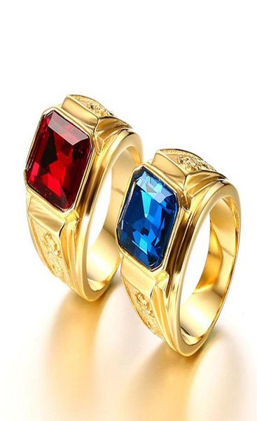 Zafiro, rubí, piedras preciosas, azul, rojo, circón, anillos de diamantes para hombres, 18 quilates, tono dorado, acero inoxidable, joyería de dragón, bisutería, regalo de moda6454726