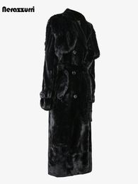 Trench-coat en fourrure artificielle moelleux noir long d'hiver saphir adapté aux femmes avec un faux gilet détachable vêtements de créateur luxueux 240105