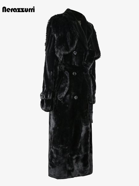 Trench-coat en fourrure artificielle moelleux noir long d'hiver saphir adapté aux femmes avec un faux gilet détachable vêtements de créateur luxueux 240105