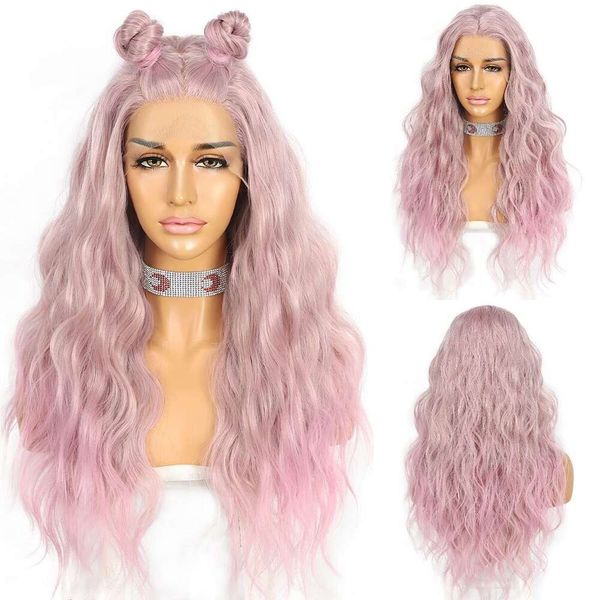 SAPPHIREWIGS Fibra de calor ondulada frontal de encaje sintético 24 pulgadas Color púrpura con puntas rosadas Pelucas onduladas largas para mujeres Peluca atada a media mano Cosplay Uso diario Cabello