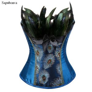 Sapubonva Plumes Corsets Bustiers Top Paon Broderie Brocart Burlesque Halloween Overbust Corset Motif Femmes Sexy Exotique J190701