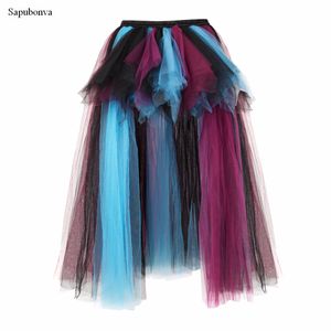 Sapubonva Lange Maxi Elastische Rokken Corset Pluizig Tule Rok Geparandeerde Chiffon Kant Midi Gothic Red Victoriaanse burlesque kostuums