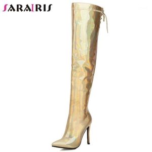 SARAIRIS Tamaño grande 32-44 Botas sobre la rodilla para mujer Suela Tacones altos finos Punta puntiaguda Botas con cremallera Mujer Otoño Zapatos sexy Mujer1