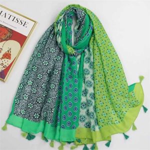 Sarongs 180 * 90cm zelfklevende dames sjaalontwerp met groene tuinbloem Tassel sjaal en pashmina stal bufandas moslim sjaal 2023 24325