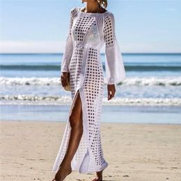 Sarongs 2021 Crochet Blanc Tricoté Plage Cover Up Robe Tunique Longue Bikinis Ups Swim Beachwear1218w