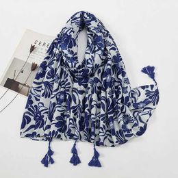 Sarongs herfst nieuwe marineblauwe kwastje lijm sjaal met hoogwaardige bedrukte zachte verpakking pashmina moslimhoofddoek sjaal 180 * 90cm 240325