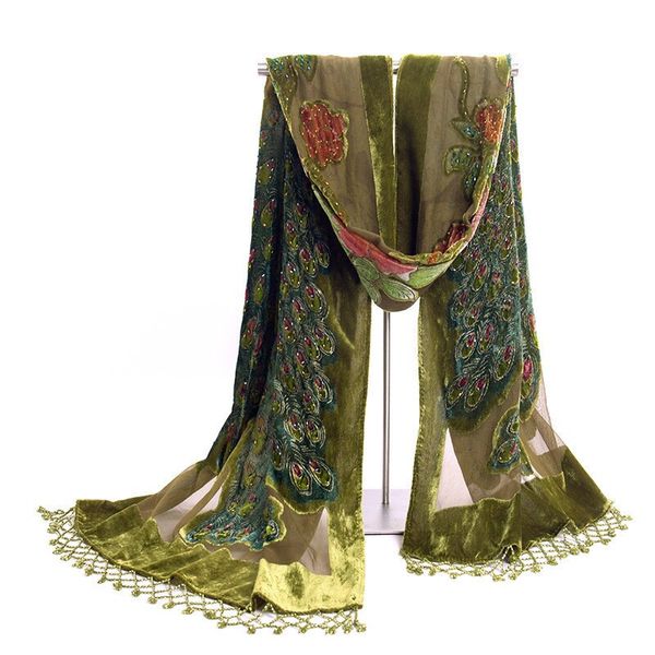 Sarongs Mode Armée Vert Femmes Velours Soie Perlée Broderie Châle Écharpe Wrap Foulards Paon WS006 A 230729