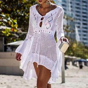 Sarongs Mode tricoté tunique robe femmes blanc maillot de bain Covre-ups évider plage couvrir jupe été 2021 Sarong De Plage1211u