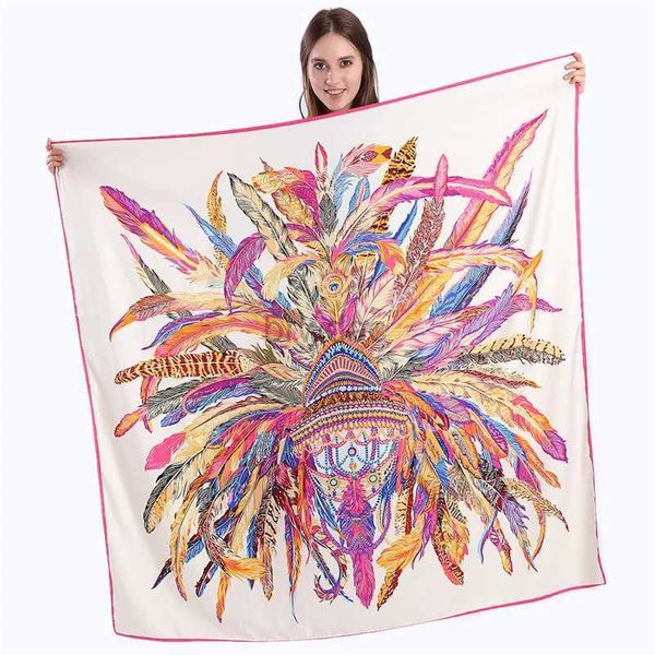 Sarongs LeSida en soie écharpe femme Big Shawl Feather Imprimé Stone Square Bandana Luxury Brand Kerchief Scarf Womens Fountain 1306 24325