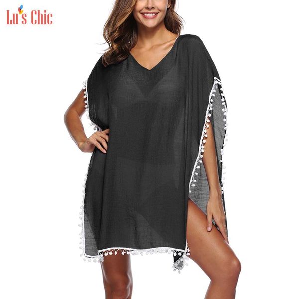 Sarongs Lu's Chic maillot de bain femme couverture Ups gland caftan maillots de bain Pom Bikini robe de plage porter maillot de bain coupe ample couverture