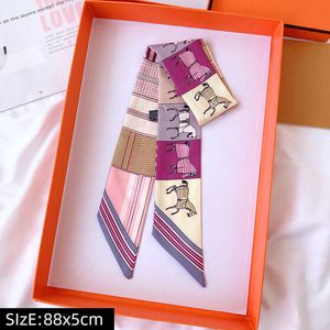 Sarongs Luxury Silk Skinny Scarf 2021 Fashion Bag Handle Ribbon Ladies Horse Print Headband Small Hair Scarves Band Female P230323