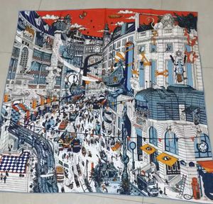 Sarongs Handmatige hand opgerolde Twill Silk Scarf Women City Print Square Sjailves Wraps Echarpes gekrulde Foulard Femme Bandana Hijabs 90cm P230323