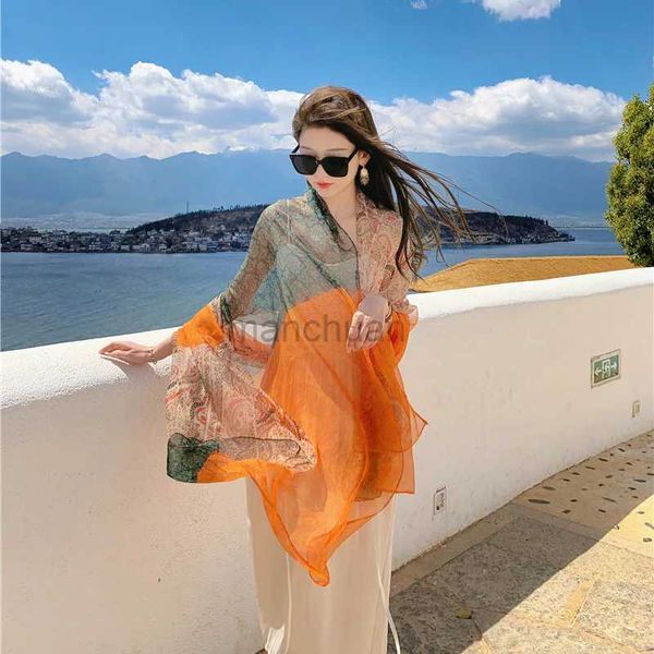 Sarongs Nueva bufanda de seda fresca para mujer Thin Yourou Yarn Protector solar Toalla de playa Foto de viaje de playa Mantón 240325