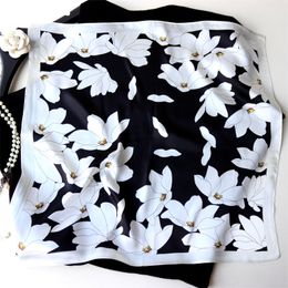 Sarongs POBING 100% Natuurlijke Zijden Sjaal Vrouwen Witte Bloemen Print Vierkante Sjaals Wraps Kleine Zakdoek Groothandel Hijaabs 53x53CM 230613