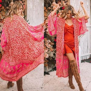 Sarongs Rouge Casual Lâche Imprimé Floral Femmes Dames Été Boho Mousseline De Soie Châle Kimono Vêtements Plage Cover Up Robe Beachwear