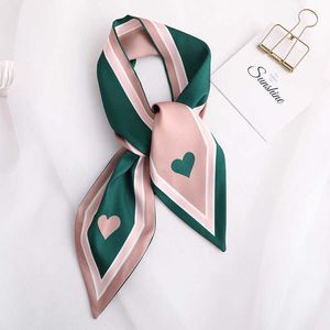 Sarongs Sweet Love Imprimer Femmes Petit Foulard En Soie Poignée Sac Rubans Femme Tête Foulards Angle Pointu Vert 90 * 10 cm P230403