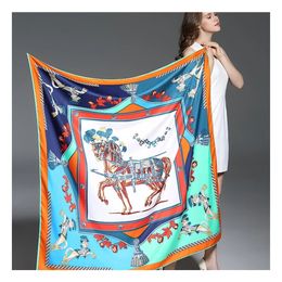 Sarongs Twill Silk Scarf Women Luxe Hijab Euro merkontwerp Foulard Fashion Square Sjovers Wraps 130 cm Franse paarden gedrukte sjaals 230508