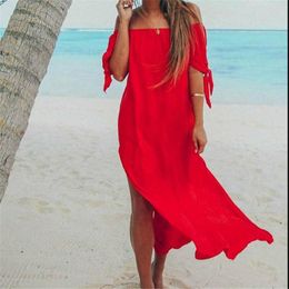 Sarongs dames lange covers up Summer Beach Dress Off Schouder Ladies 'sexy soild Color Cover Korte mouwen strandkleding