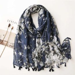 SARONGS WOMEN Autumn Navy Blue Abstract Flower Shawl Pashmina Pashmina Snow Bufandas Diadema musulmana 180 * 90cm 240325