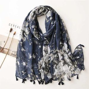 Sarongs dames herfst marineblauw blauw abstract bloemen lijm sjaal hoge kwaliteit bedrukte verpakking pashmina sneeuw bufandas moslimhoofdband 180 * 90 cm 24325